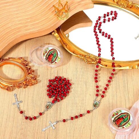 24 Pcs Scented Rosary Necklace Our Lady of Grace Party Favor Catholic Gifts with Box Saint Jude Rosary Beads Necklace for Funeral Baptism First Communion Party (Red) in Kuwait
