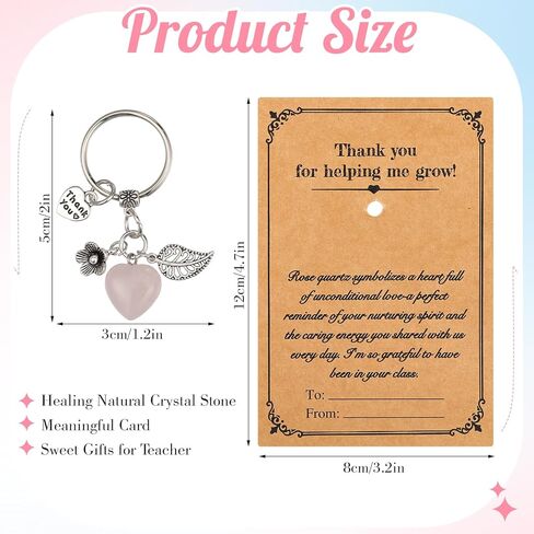 Nosiny 12 Set End of the Year Teacher Appreciation Gifts Pink Healing Crystal Heart Keychains Bulk Thank You for Helping Me Grow Cards for Back to School Graduation Season Teachers' Day Gifts Ideas in Saudi Arabia