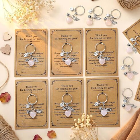 Nosiny 12 Set End of the Year Teacher Appreciation Gifts Pink Healing Crystal Heart Keychains Bulk Thank You for Helping Me Grow Cards for Back to School Graduation Season Teachers' Day Gifts Ideas in Saudi Arabia