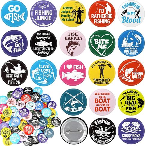 Sureio 80 Pcs Go Fish Buttons 1.5 Inches Fishing Party Favors Fishing Brooch Pin Father's Day Gift Pin Fisherman Birthday Party Decoration for Boys Men in Saudi Arabia