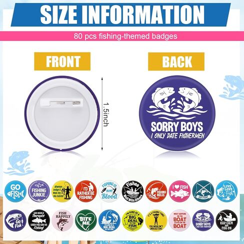 Sureio 80 Pcs Go Fish Buttons 1.5 Inches Fishing Party Favors Fishing Brooch Pin Father's Day Gift Pin Fisherman Birthday Party Decoration for Boys Men in Saudi Arabia