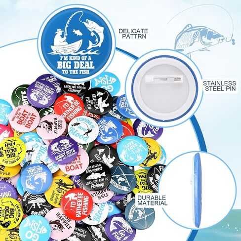 Sureio 80 Pcs Go Fish Buttons 1.5 Inches Fishing Party Favors Fishing Brooch Pin Father's Day Gift Pin Fisherman Birthday Party Decoration for Boys Men in Saudi Arabia
