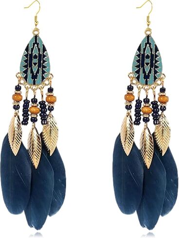 Bohemian Long Feather Dangle Drop Earrings for Women Boho Handmade Vintage Punk Tassel Natural Dangle Drop Earrings Design Jewelry Gift in Kuwait