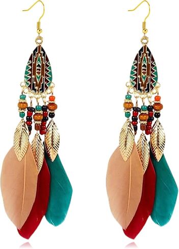 Bohemian Long Feather Dangle Drop Earrings for Women Boho Handmade Vintage Punk Tassel Natural Dangle Drop Earrings Design Jewelry Gift in Saudi Arabia