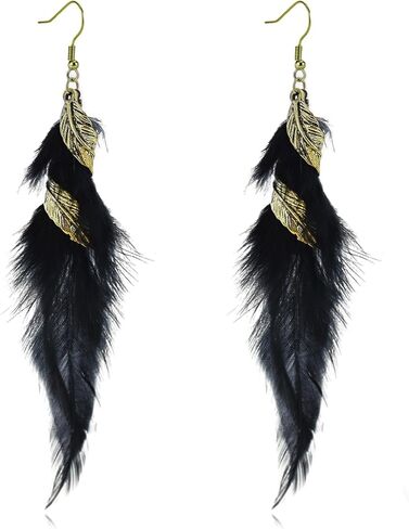 Bohemian Long Feather Dangle Drop Earrings for Women Boho Handmade Vintage Punk Tassel Natural Dangle Drop Earrings Design Jewelry Gift in Saudi Arabia