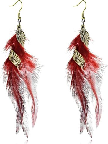 Bohemian Long Feather Dangle Drop Earrings for Women Boho Handmade Vintage Punk Tassel Natural Dangle Drop Earrings Design Jewelry Gift in Saudi Arabia