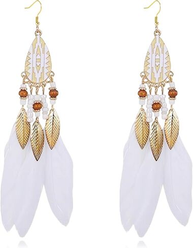 Bohemian Long Feather Dangle Drop Earrings for Women Boho Handmade Vintage Punk Tassel Natural Dangle Drop Earrings Design Jewelry Gift in Saudi Arabia