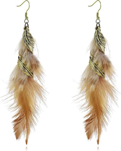 Bohemian Long Feather Dangle Drop Earrings for Women Boho Handmade Vintage Punk Tassel Natural Dangle Drop Earrings Design Jewelry Gift in Saudi Arabia