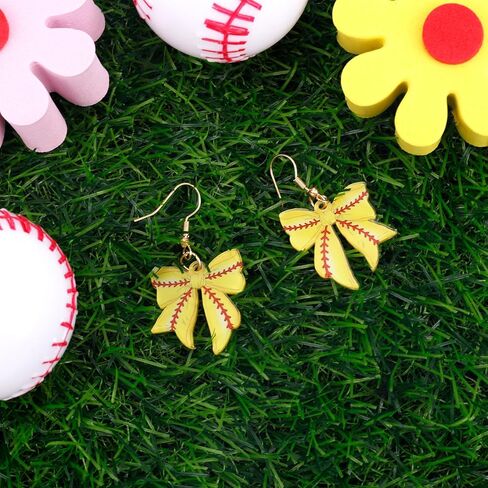 Baseball Bow Earrings for Woman, Softball Bow Dangle Earrings Game Day Sports Theme Jewelry Party Favors for Sport Player Lover & Fans (Yellow) in Saudi Arabia
