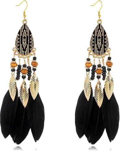 Bohemian Long Feather Dangle Drop Earrings for Women Boho Handmade Vintage Punk Tassel Natural Dangle Drop Earrings Design Jewelry Gift in Saudi Arabia