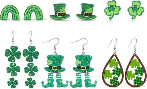 أقراط عيد القديس باتريك الأيرلندية اللامعة باللون الأخضر شامروك البرسيم أقراط للنساء من الأكريليك الخشبي لعيد القديس باتريك إكسسوارات أقراط الحظ الجيد 6 قطع in Kuwait