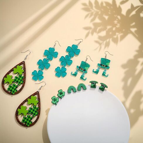 أقراط عيد القديس باتريك الأيرلندية اللامعة باللون الأخضر شامروك البرسيم أقراط للنساء من الأكريليك الخشبي لعيد القديس باتريك إكسسوارات أقراط الحظ الجيد 6 قطع in Kuwait