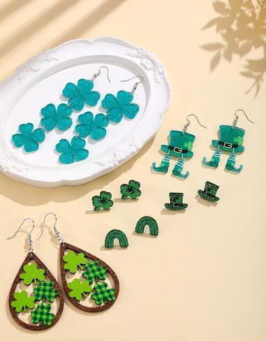 أقراط عيد القديس باتريك الأيرلندية اللامعة باللون الأخضر شامروك البرسيم أقراط للنساء من الأكريليك الخشبي لعيد القديس باتريك إكسسوارات أقراط الحظ الجيد 6 قطع in Kuwait