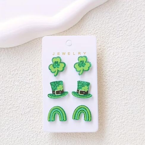 أقراط عيد القديس باتريك الأيرلندية اللامعة باللون الأخضر شامروك البرسيم أقراط للنساء من الأكريليك الخشبي لعيد القديس باتريك إكسسوارات أقراط الحظ الجيد 6 قطع in Kuwait