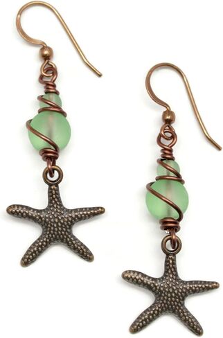 Pillar of Salt Studio Handcrafted Earrings Antiqued Copper Starfish with Sea Glass (Spring Green, 1-1/2" drop) in Kuwait