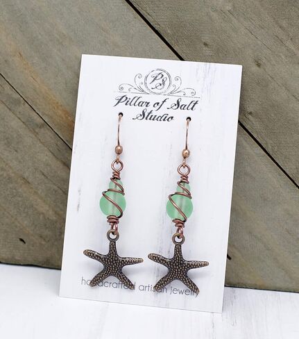 Pillar of Salt Studio Handcrafted Earrings Antiqued Copper Starfish with Sea Glass (Spring Green, 1-1/2" drop) in Kuwait