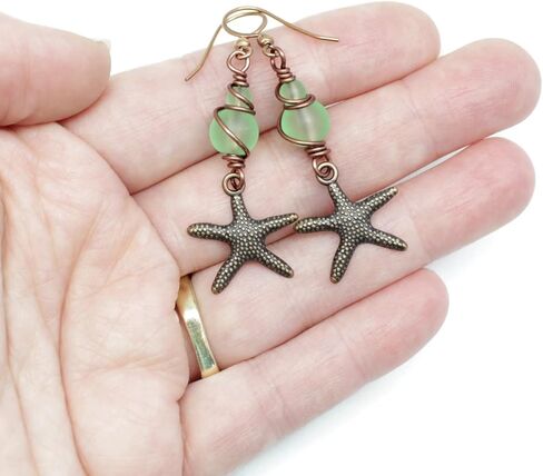 Pillar of Salt Studio Handcrafted Earrings Antiqued Copper Starfish with Sea Glass (Spring Green, 1-1/2" drop) in Kuwait