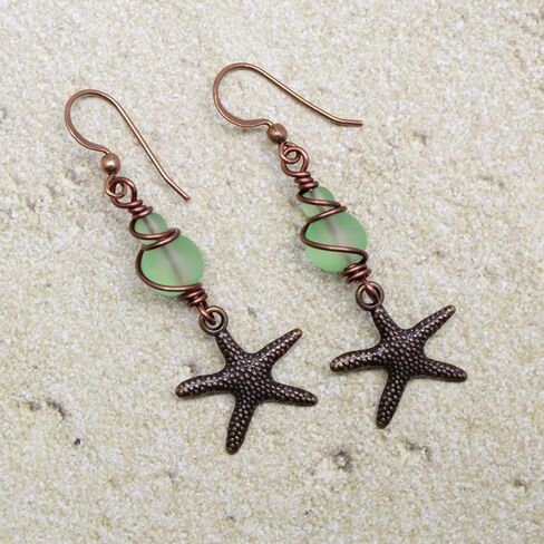 Pillar of Salt Studio Handcrafted Earrings Antiqued Copper Starfish with Sea Glass (Spring Green, 1-1/2" drop) in Kuwait