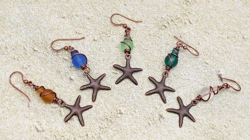 Pillar of Salt Studio Handcrafted Earrings Antiqued Copper Starfish with Sea Glass (Spring Green, 1-1/2" drop) in Kuwait