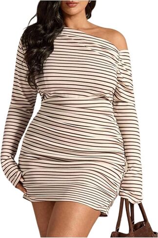 Women's Plus Size Off Shoulder Striped Bodycon Dress Rib Knit Long Sleeve Short Dresses in Saudi Arabia