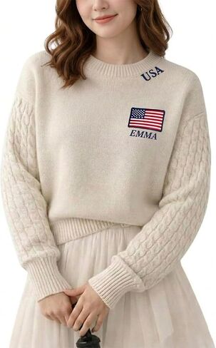 Custom Embroidered Sweater for Women, Personalized USA Flag & Name Design, Customizable Color & Size, Soft Knit Sweatshirt for Mom, Grandma, Girlfriend, Ideal Gift for Special Occasions in Kuwait