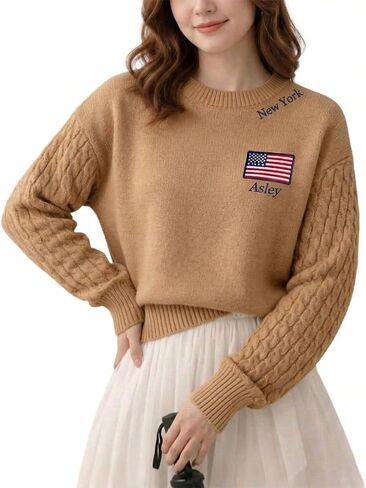 Custom Embroidered Sweater for Women, Personalized USA Flag & Name Design, Customizable Color & Size, Soft Knit Sweatshirt for Mom, Grandma, Girlfriend, Ideal Gift for Special Occasions in Kuwait