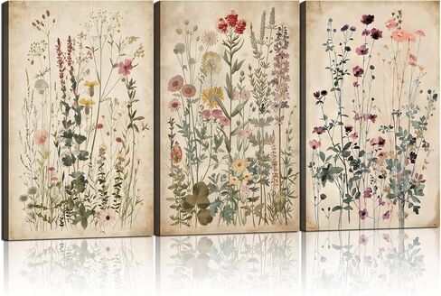 Framed Plants Wildflowers Canvas Wall Art Vintage Floral Painting Poster Pictures Gallery-Quality Prints Living Room Bedroom and Other Home Decor 12x16 inches x 3 Ready to Hang in Saudi Arabia