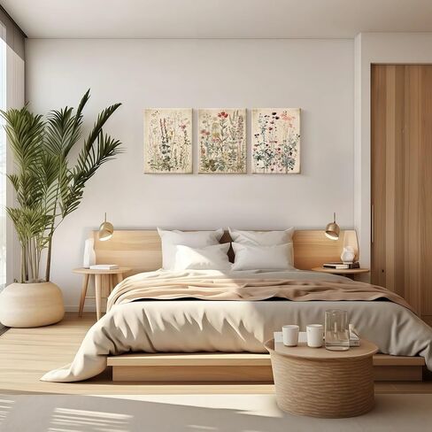 Framed Plants Wildflowers Canvas Wall Art Vintage Floral Painting Poster Pictures Gallery-Quality Prints Living Room Bedroom and Other Home Decor 12x16 inches x 3 Ready to Hang in Saudi Arabia