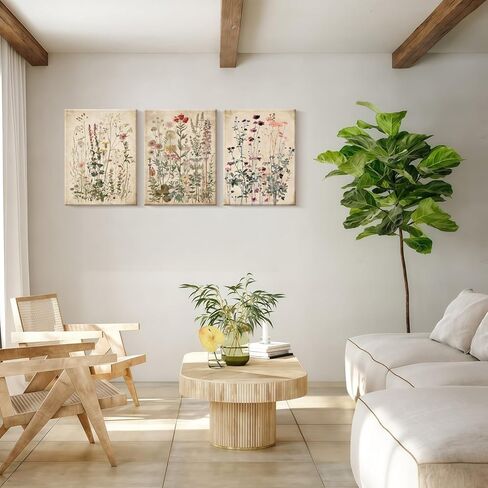 Framed Plants Wildflowers Canvas Wall Art Vintage Floral Painting Poster Pictures Gallery-Quality Prints Living Room Bedroom and Other Home Decor 12x16 inches x 3 Ready to Hang in Saudi Arabia