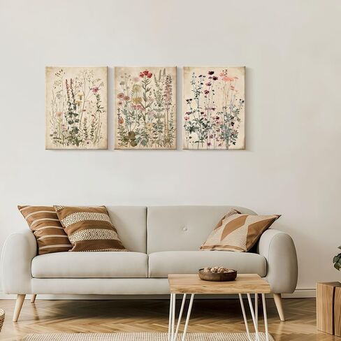 Framed Plants Wildflowers Canvas Wall Art Vintage Floral Painting Poster Pictures Gallery-Quality Prints Living Room Bedroom and Other Home Decor 12x16 inches x 3 Ready to Hang in Saudi Arabia