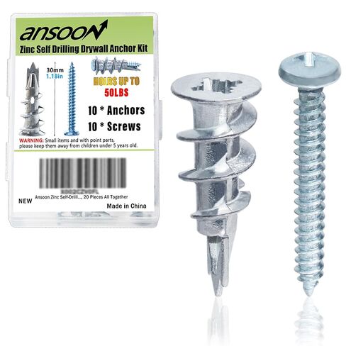 Ansoon Zinc Self-Drilling Drywall Anchors, Hollow Metal Wall Anchors and Screws Kit, 10 Heavy Duty Anchors + 10#8 x 1-1/4'' Screws for Hanging and Mounting， 20 Pieces All Together in Kuwait