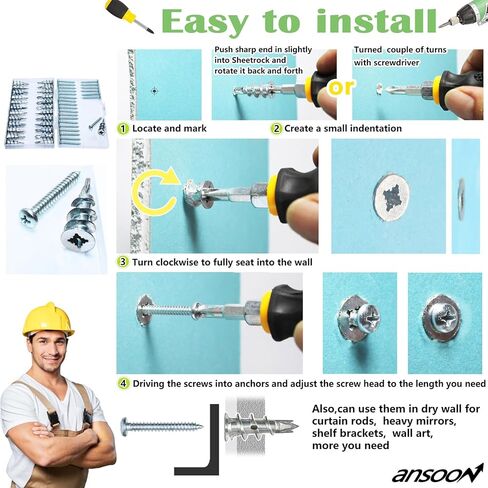 Ansoon Zinc Self-Drilling Drywall Anchors, Hollow Metal Wall Anchors and Screws Kit, 10 Heavy Duty Anchors + 10#8 x 1-1/4'' Screws for Hanging and Mounting， 20 Pieces All Together in Kuwait