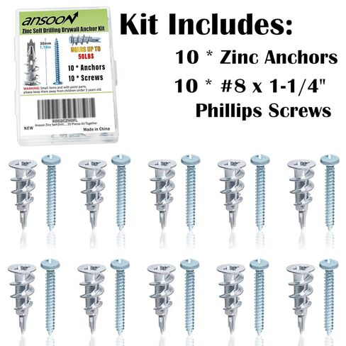 Ansoon Zinc Self-Drilling Drywall Anchors, Hollow Metal Wall Anchors and Screws Kit, 10 Heavy Duty Anchors + 10#8 x 1-1/4'' Screws for Hanging and Mounting， 20 Pieces All Together in Kuwait