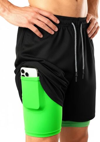 Men's 2 in 1 Workout Running Shorts with Zipper Pockets Lightweight Training Yoga Gym Short Black+Green M in Saudi Arabia