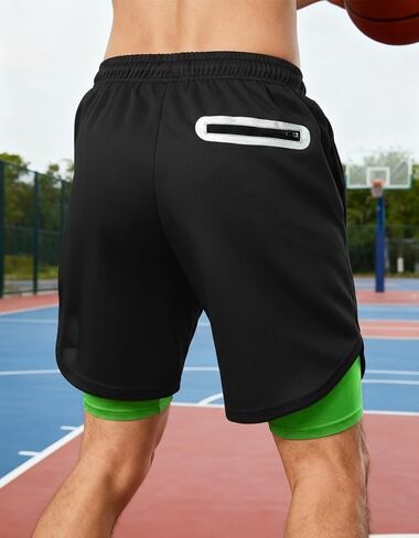 Men's 2 in 1 Workout Running Shorts with Zipper Pockets Lightweight Training Yoga Gym Short Black+Green M in Saudi Arabia
