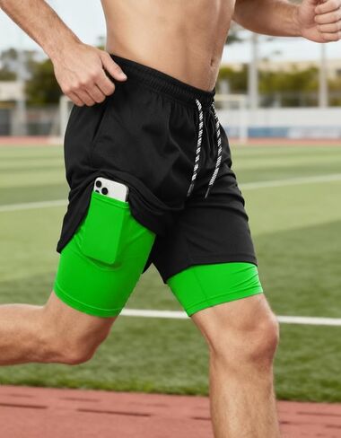 Men's 2 in 1 Workout Running Shorts with Zipper Pockets Lightweight Training Yoga Gym Short Black+Green M in Saudi Arabia