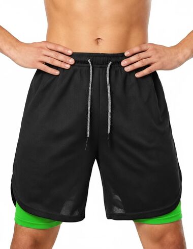 Men's 2 in 1 Workout Running Shorts with Zipper Pockets Lightweight Training Yoga Gym Short Black+Green M in Saudi Arabia