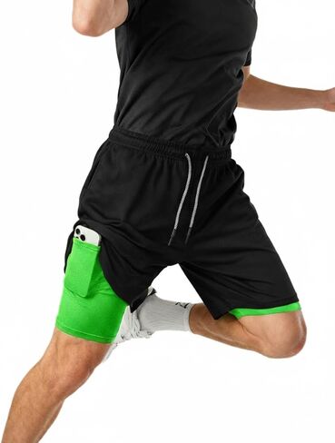 Men's 2 in 1 Workout Running Shorts with Zipper Pockets Lightweight Training Yoga Gym Short Black+Green M in Saudi Arabia