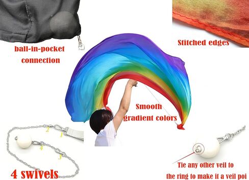 Winged Sirenny Single Spinning Poi Ball with Silk Veil 3 Yards Half Circle, Practice Flag Scarf Poi Streamer, Belly Dance Colorful Flowy Play Silk VOI in Kuwait