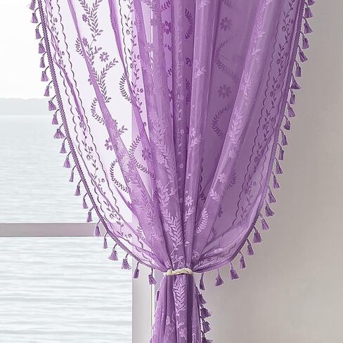 Lavender Purple Sheer Curtains 2 Panel 84 Inch Length,Rod Pocket Boho Floral Lace Pattern & Tassel Decorative Light Filtering Privacy for Girl Women Bedroom Dining Living Room,Lilac in Kuwait