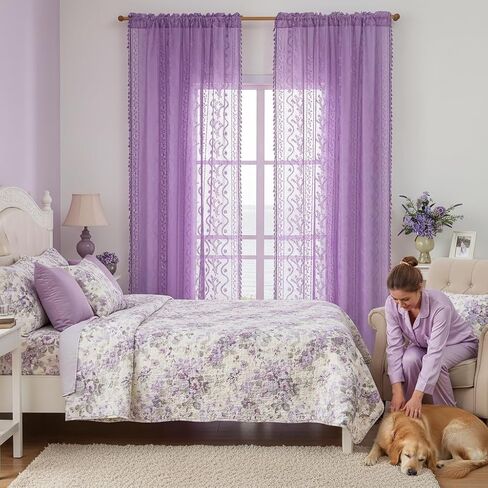 Lavender Purple Sheer Curtains 2 Panel 84 Inch Length,Rod Pocket Boho Floral Lace Pattern & Tassel Decorative Light Filtering Privacy for Girl Women Bedroom Dining Living Room,Lilac in Kuwait