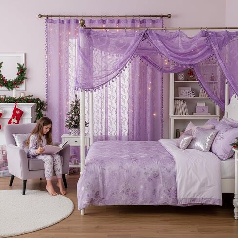 Lavender Purple Sheer Curtains 2 Panel 84 Inch Length,Rod Pocket Boho Floral Lace Pattern & Tassel Decorative Light Filtering Privacy for Girl Women Bedroom Dining Living Room,Lilac in Kuwait
