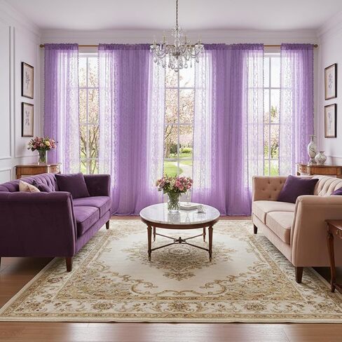 Lavender Purple Sheer Curtains 2 Panel 84 Inch Length,Rod Pocket Boho Floral Lace Pattern & Tassel Decorative Light Filtering Privacy for Girl Women Bedroom Dining Living Room,Lilac in Kuwait