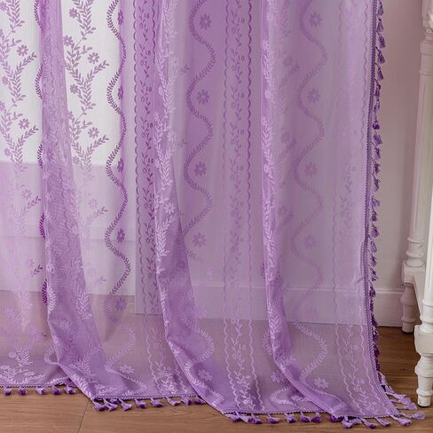 Lavender Purple Sheer Curtains 2 Panel 84 Inch Length,Rod Pocket Boho Floral Lace Pattern & Tassel Decorative Light Filtering Privacy for Girl Women Bedroom Dining Living Room,Lilac in Kuwait