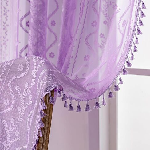Lavender Purple Sheer Curtains 2 Panel 84 Inch Length,Rod Pocket Boho Floral Lace Pattern & Tassel Decorative Light Filtering Privacy for Girl Women Bedroom Dining Living Room,Lilac in Kuwait