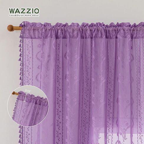 Lavender Purple Sheer Curtains 2 Panel 84 Inch Length,Rod Pocket Boho Floral Lace Pattern & Tassel Decorative Light Filtering Privacy for Girl Women Bedroom Dining Living Room,Lilac in Kuwait