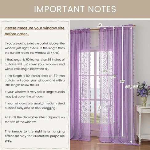 Lavender Purple Sheer Curtains 2 Panel 84 Inch Length,Rod Pocket Boho Floral Lace Pattern & Tassel Decorative Light Filtering Privacy for Girl Women Bedroom Dining Living Room,Lilac in Kuwait