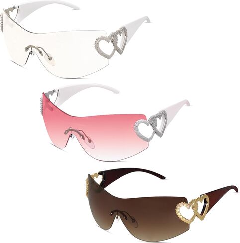 3 Pairs Y2K Wrap Around Rimless Sunglasses Trendy Shield Silver Heart 2000S Fashion Frameless Sun Glasses for Women in Saudi Arabia