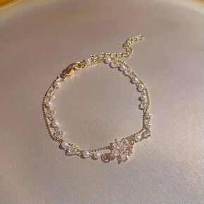18k Gold Plated Cubic Zirconia Pearl Bracelet Women Flower Bracelet Jewelry Gift-Gold in Kuwait