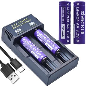 Shockli AA 3.2V Rechargeable Solar Battery with LiFePO4 Charger, AA 3.2 Volt LiFePO4 Solar Battery (4-Pack) for Panel Outdoor Garden Lights in Kuwait